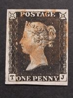 PENNY BLACK 1840 Stamp QV SG2, Red MX cancel, Letters TJ, with Dot in S/E corner