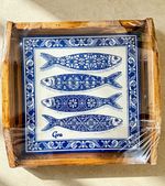 Square Wooden Trivet with Handles, Blue & White Fish Pattern, Glossy Coastal Goa