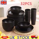 32PCS/SET Black Dinnerware Bowl PP Plates Round Dinner Set Tableware Home Party
