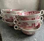 6 x Vintage Copeland Spode Tower Red Pink Double Handled Cream Soup Bowls