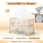 Bedside Co‑Sleeper Baby Wooden Cot Convertible Crib with Mattress & Mosquito Net