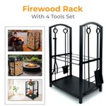 Firewood 2 Tier Rack Log Holder Wood Storage with Hooks 4 Tools Black