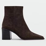 Women's Brown Suede Ankle Booties Mid Block Heel Side Zip Pointed Toe