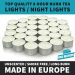 White Unscented 8 Hour Burn Tea Light Candles - Long Burn Time -MADE IN EU