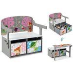 Children's Wooden Toy Box Bench with Lid, 2 Compartments, Grey Animal Theme