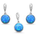 Round Blue Opal .925 Sterling Silver Pendant & Earring Set
