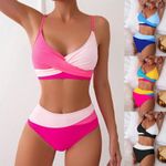 UK Stunning Pink block colour High-Waisted Bikini set Flattering - Size 6-16