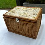 Vintage Rectangular Wicker Storage Basket with Floral Fabric Lid, Lined