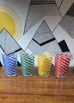 Vintage Set of 4 Spiral Tumbler Drinking Glasses - Red Blue Green Yellow MCM