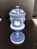 Wedgwood Blue Jasper dip  Tobacco jar with tamper c1910-1920