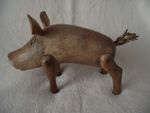 VINTAGE HAND CARVED WOODEN PIG - RUSTIC, FOLK ART - ORNAMENT