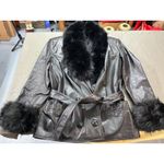 Upcycled Cropped Leather Trench Coat with Faux Fur Collar & Cuffs | Distressed