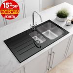 Sinkoro Kitchen Sink 1.5 Bowl LH Drainer Black Glass Stainless Steel Inset Waste