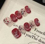 10Pcs Red Cat Eye Handmade Press on Nails Flower Fake Nails Wearable Stick-on 