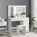 White Dressing Table with LED Lights Mirror Stool Drawers Vanity Makeup Desk Set