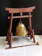 Vintage Meditation Temple Gong Brass Bell Wooden Pagoda Gate Stand + Mallet