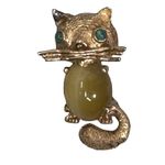 Vintage 14K Kitty Cat Brooch Tigers Eye Stone Body Emerald Green Eyes Animal Pin