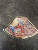 Vintage Fan-Shaped Metal Cosmetic Compact, Enamel Romantic Scene Lid Gold-Tone