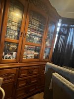 Brown Wood & Glass Freestanding Display Cabinet, 3 Glass Doors, Shelves