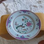 Small Chinese famille rose 'double peacock' dish, note crack Qianlong (1736-95)