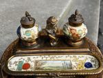 EXQUISITE ANTIQUE FRENCH BRASS & PORCELAIN INKSTAND FEATURING A CHERUB ~ VGC