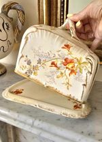 Antique Royal Bonn Cheese Dish, Floral Wedge Keeper, German Pottery c.1900