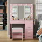Dressing Table with 11 LED Lights, Makeup Vanity with 5 Drawers, Pink