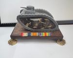 WW1 Trench Art Stylised Metal Tank On Oak Plinth 7 x 4 inch