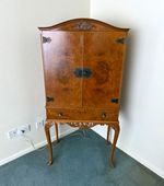 Wood Bar Cabinet, Brown, Mirrored Back, Glass Shelves, 2 Doors, 1 Drawer