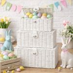 Wicker Storage Basket White x3 Laundry Hamper Stackable Lid Lock Home Decor