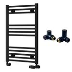 Reina Capo Flat Black Bathroom Heated Towel Rail 800 x 500 and Manual Valves