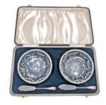 Antique Cased Set Crystal Butter Dishes & Hallmarked Silver Butter Knives 1931