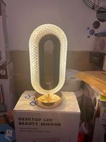 Gold Oval LED Lighted Make-up Mirror, Adjustable Angle, Tabletop Freestanding