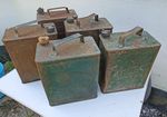  5 Vintage Petrol Cans 2 gallon Brass Caps PRATTS ESSO SHELL, NATIONAL BENZOLE 