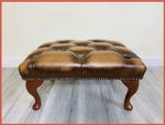 Chesterfield Queen Anne Buttoned Antique Gold Brown Genuine Leather Footstool