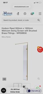 Hudson Reed 300x1950mm Swing Shower Screen Clear 8mm Tempered Glass Bras WRSBB30