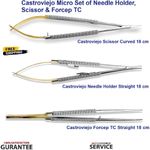 T/C 3 Pcs Castroviejo Micro Surgery Scissors Needle Holder Suture Tying Forceps