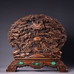 Exquisite pure copper carved and inlaid boxwood nine-dragon screen ornament