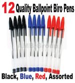12 HIGH QUALITY BALLPOINT BIRO PENS. BLACK, BLUE, RED, ASSORTED AVAILABLE MEDIUM