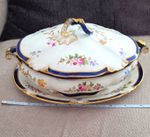 G.jones Porcelain Oval Floral Lidded Tureen with Underplate White Blue Gold Trim