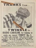 TWINKLE TERRY 1965 advert/poster 16"x12" 41x31cm + KINKS Tired of Waiting 6"x4"