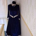Women's Victorian Blue Velour Dress Costume Long Sleeve  Under Skirt and Cap