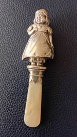 Charming Sterling Silver Baby Rattle With Mother Of Pearl Handle.