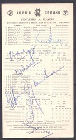 7 CRICKET AUTOGRAPHS SCORECARD GENTLEMEN v PLAYERS LORDS 1952 HUTTON BROWN MAY
