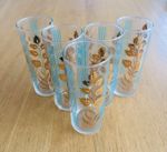 Vintage Retro Hiball Glasses With Gold Leaves & Green Stripes Set Of 5 60’s/70’s