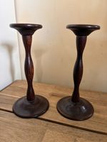 Wooden Candlesticks Pair Mahogany Hand Turned 19cm Tall Antique Home Decor