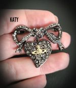 Heart Bow Brooch Vintage Art Deco Look Antique Grey Gold Crystal Pin Orb Gift