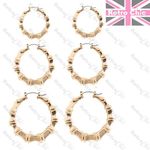 3prs BAMBOO HOOP EARRINGS small/medium/large hoops GOLD/SILVER TONE 3cm/5cm/6cm