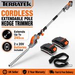 Terratek Cordless Hedge Trimmer Long Reach 20V 2.4m Pole Cutter 2 Batteries