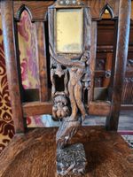 Unusual Antique Folk Art Carved Wooden Figures Hand Mirror c1880